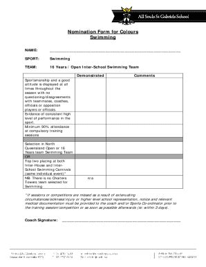Fillable Online Nomination Form for Colours Swimming Fax Email Print ...