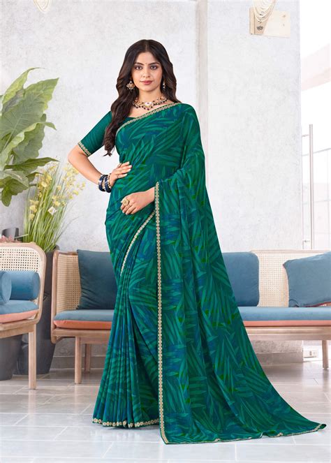 Laxmipati Mala Floral Printed Georgette Saree in Teal Green Color with