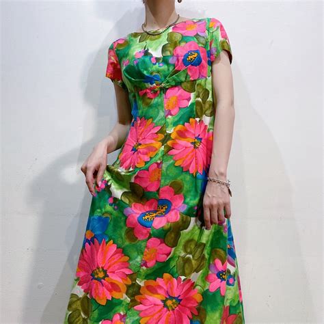 60s green flower printed long dress【990】 | LEMON