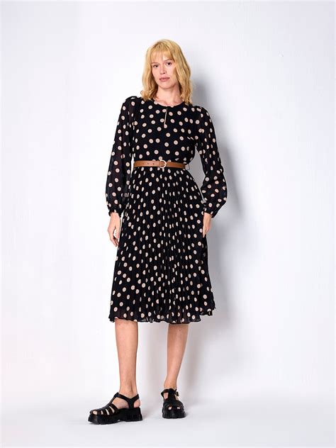 Black & Beige Polka Dot Fit & Flare Midi Dress