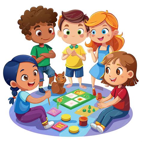 Group of diverse kids playing board game with colorful game pieces cute ...