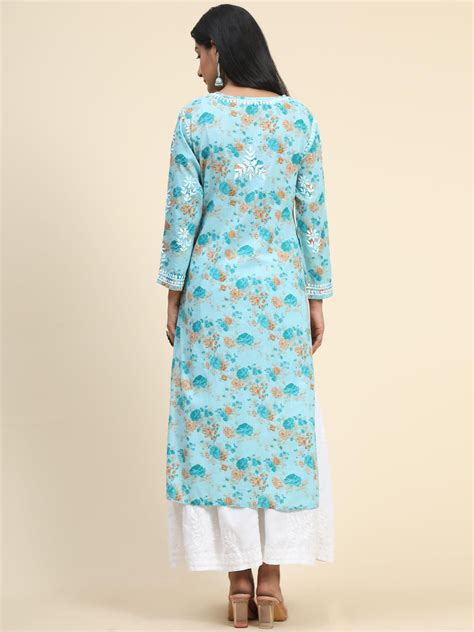 Samma Mul Printed Hand Embroidery Chikankari Kurta- Turquoise Blue ...