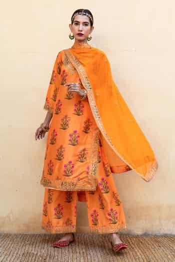 Buy Orange Opada Silk Dupatta Chiffon Leaf Neck Mehreen Floral Print ...