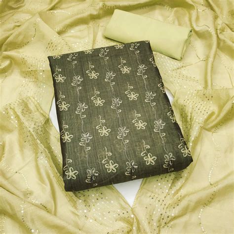 Green Digital Printed With Embroidered Chanderi Dress Material