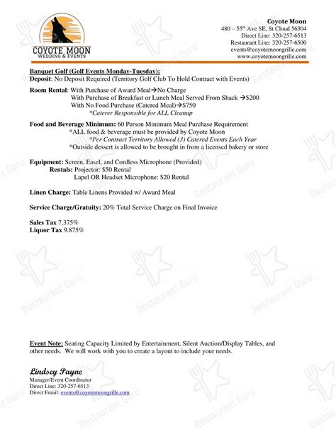 Menu at Coyote Moon Grille restaurant, St. Cloud