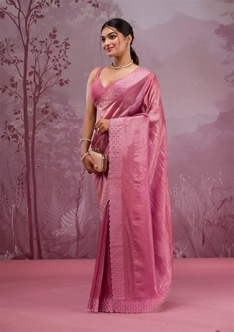 Buy Onion Pink Swarovski Tissue Saree - Koskii