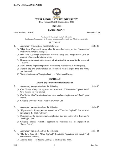 Fillable Online WEST BENGAL STATE UNIVERSITY PAPER-ENGA-VII Fax Email ...