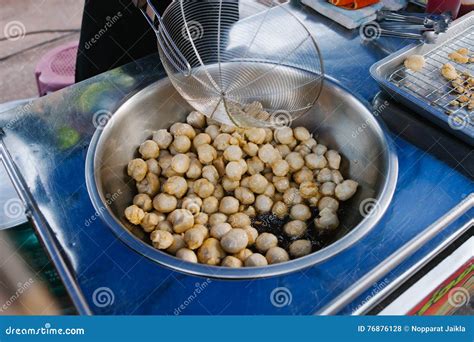 Cooking Deep Frying Fishball in the Pan in Hot Oil. Stock Photo - Image ...