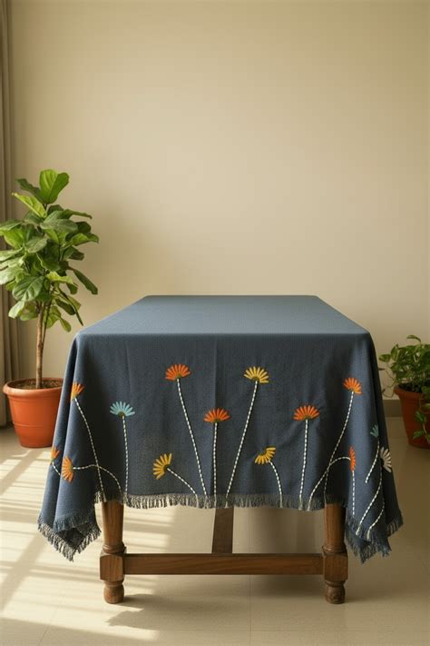 Navy Blue Jute-Cotton Table Cover | Hand-Embroidered Floral Detail with ...