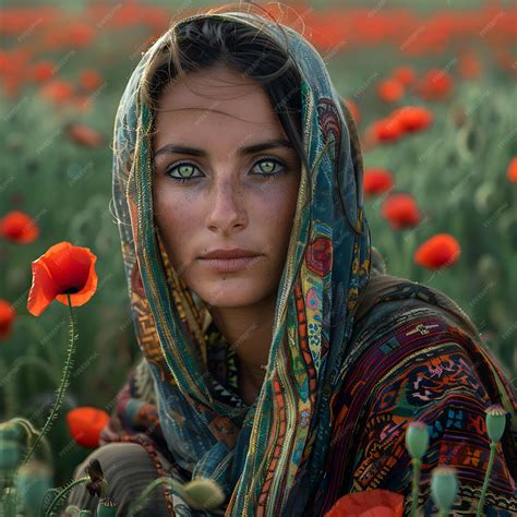 A young Afghan woman in national clothes in a field of poppies looks ...
