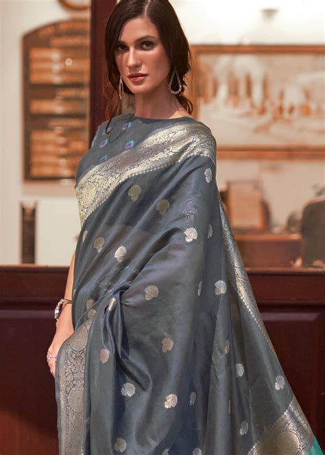 Lead Grey Woven Chanderi Banarasi Fusion Silk Saree - Colorf