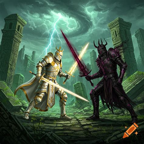 A knight battles an evil mage in a large fantasy battle with a castle ...
