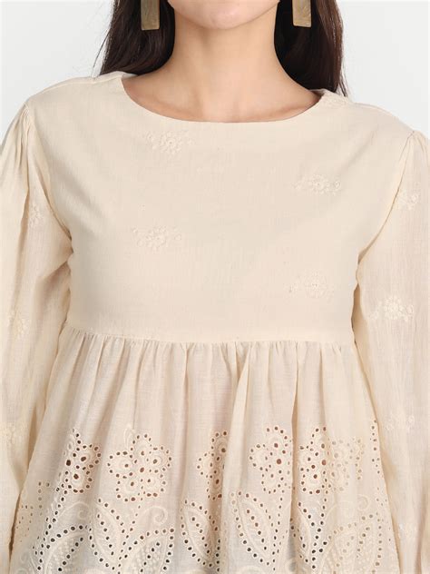 Schiffli Self Design A-Line Pleated Cotton Top – Jilmil