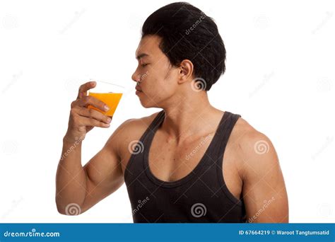 Muscular Asian Man Drink Orange Juice Stock Image - Image of food ...