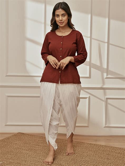Vastramay Women Maroon Cambric Cotton Shirt Style Kurta with White Cam ...