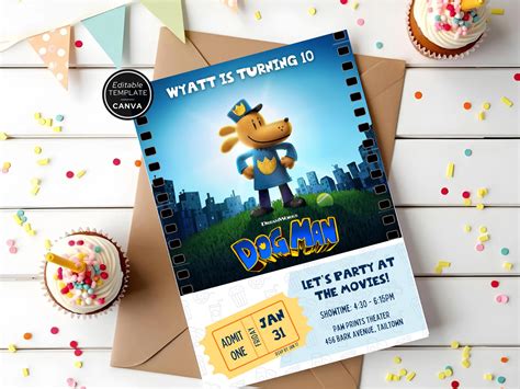 Dog Man Movie Ticket Birthday Party Invitation – Editable Canva ...