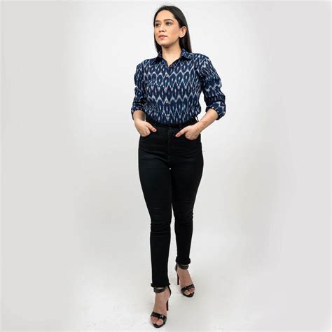 Sanskriti Vintage Dark Blue Pure Cotton Hand Woven Ikat Work Casual Fu