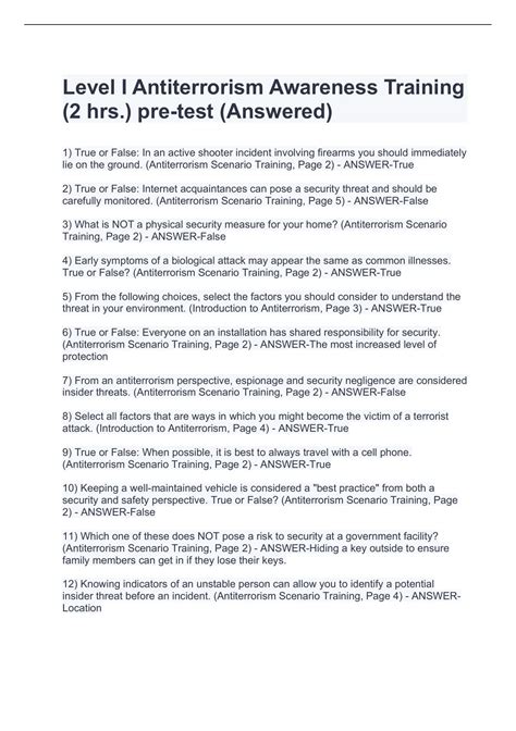 Level I Antiterrorism Awareness Training (2 hrs.) pre-test (Answered ...