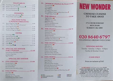 Menu at New Wonder Chinese Take Away fast food, Mitcham