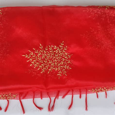 Red Festive Embroidered Organza Dupatta – anokherang