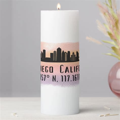 San Diego City Skyline Latitude and Longitude Pillar Candle | Zazzle