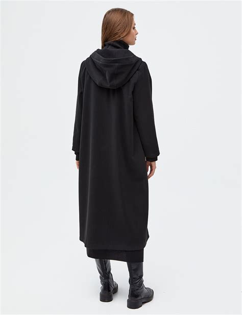 Hooded Long Coat Black - Kayra.com
