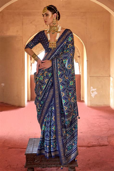 Shop for Blue Printed Viscose Silk Patola Saree Online | Saree Buta ...