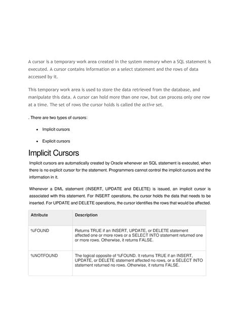 Cursor - A cursor is a temporary work area created in the system memory ...