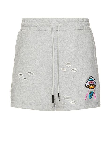 Members of the Rage Distressed Small Logo Shorts in Heather Grey | FWRD