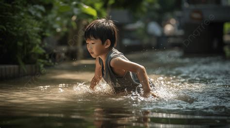 在洪水氾濫的河流中玩耍的孩子, 夏天在水里玩耍的男孩, 高清攝影照片, 水背景圖片和桌布免費下載