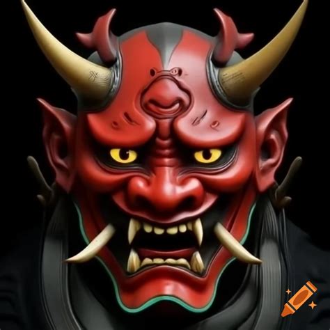 Mechanical carbon black Oni mask with golden holographic eyes and brass ...