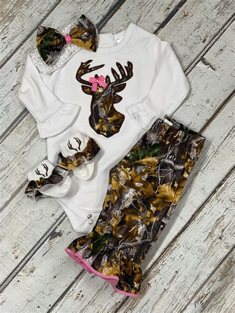 Baby girl monogrammed antler camo deerhead bodysuit baby girl camouflage hairbow baby hunting ...