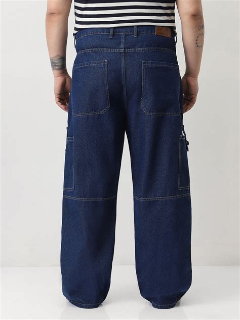 Plus Men's Blue Loose Baggy Fit Washed Cargo Jeans with 6 Pockets Non ...