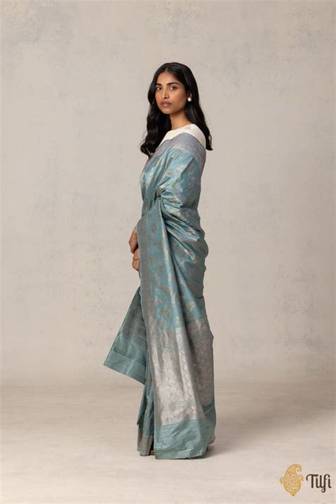 Dusty Blue Pure Katan Silk Banarasi Handloom Saree - Tilfi