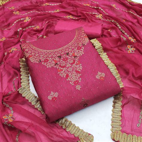 Pink Festive Wear Woven With Embellished Cotton Silk Dress Material