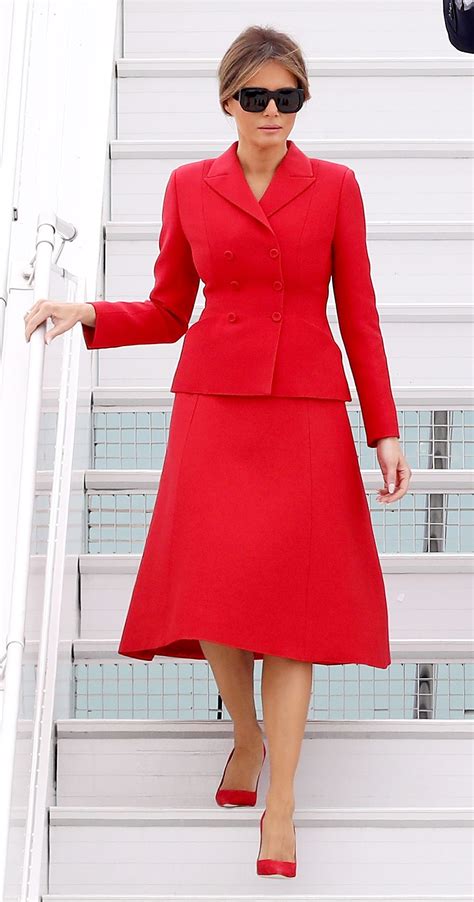 Melania Trump Wears Red Dior Skirt Suit to Touch Down in France | Trump ...