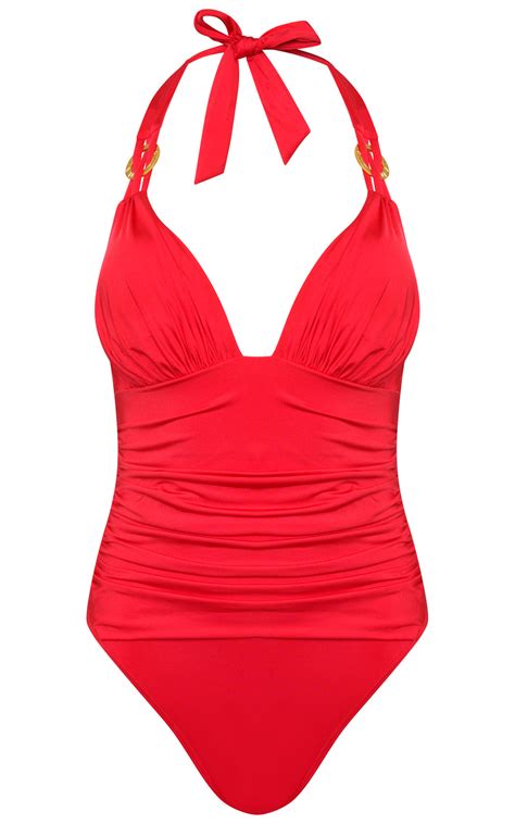 Halter Neck Swimming Costume in Red | Red Plunge Swimsuit
