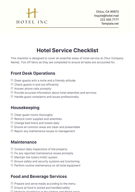 Free Hotel Laundry Service Checklist Template to Edit Online