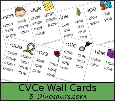 Free CVCe Word Family Wall Cards | 3 Dinosaurs