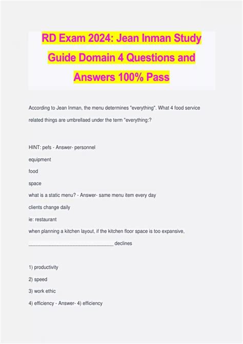 RD Exam 2024: Jean Inman Study Guide Domain 4 Questions and Answers 100 ...