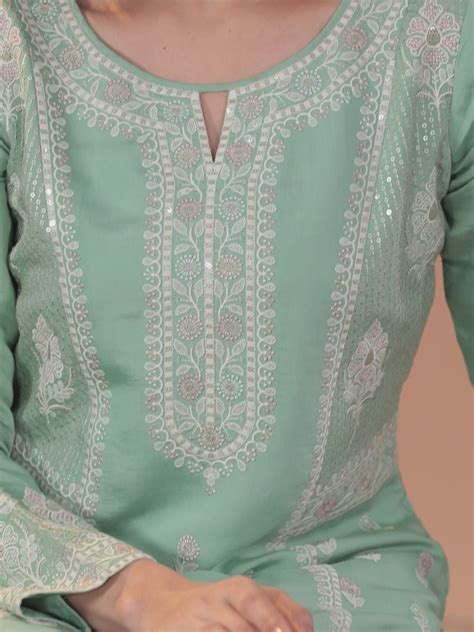 Buy Libas Art Sea Green Embroidered Silk Blend A-Line Kurta With ...