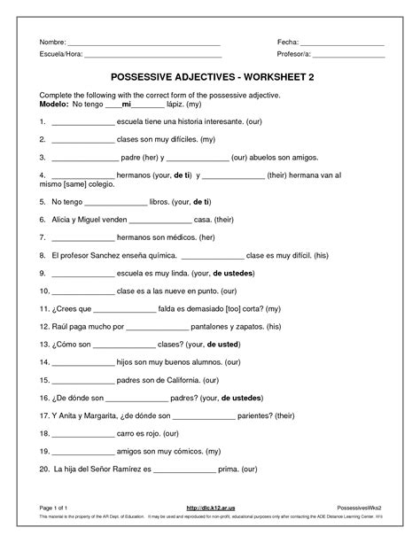 Spanish Possessive Pronouns Worksheet 53523 | Free Worksheets Samples