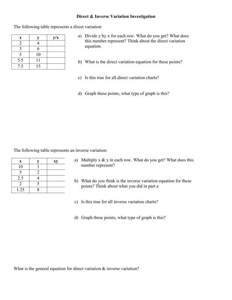 Image result for Direct and Inverse Variation Worksheet