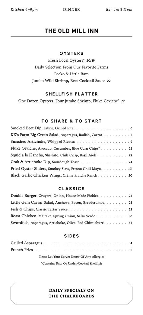 Menus — Old Mill Inn