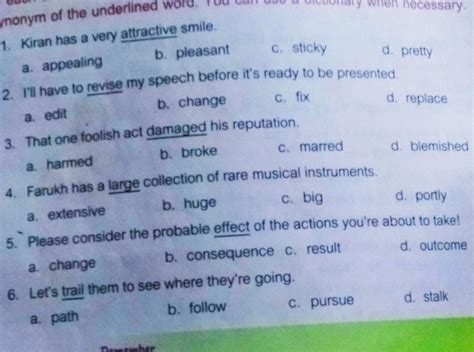 in each of the sentences a word has been underlined Choose the word ...