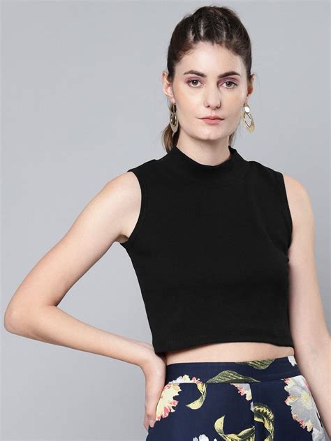 Buy Black High Neck Sleeveless Rib Crop Top Online at Best Price ...