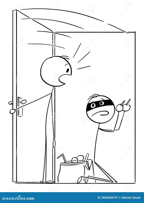 Burglar or Thief Opening Door , Vector Cartoon Stick Figure ...