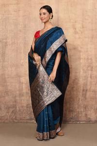 Buy Blue Kota Doria Zari Floral Pattern Banarasi Saree With Running ...