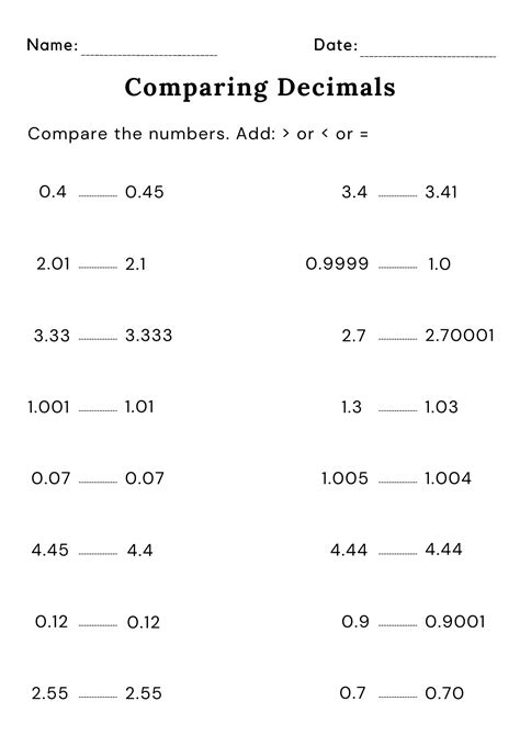 Comparing Decimal Worksheets