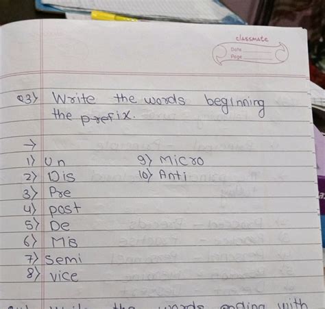 Write the words beginning with the prefix: 1) Un 2) Dis 3) Pre 4) Post 5..
